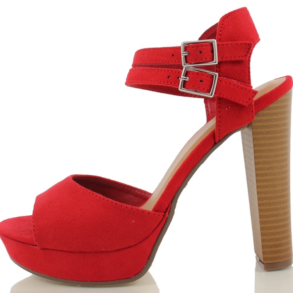 Shoes - Red open toe double strap Stacked Heel Sandal